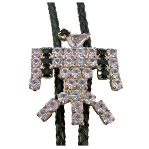 Vintage Southwestern Clear and Black Rhinestone Thunderbird Bolo Tie